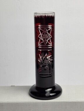 Czech Bohemian Vintage Ruby Red Cut to Clear 6.5" Glass Bud Vase Crystal Star